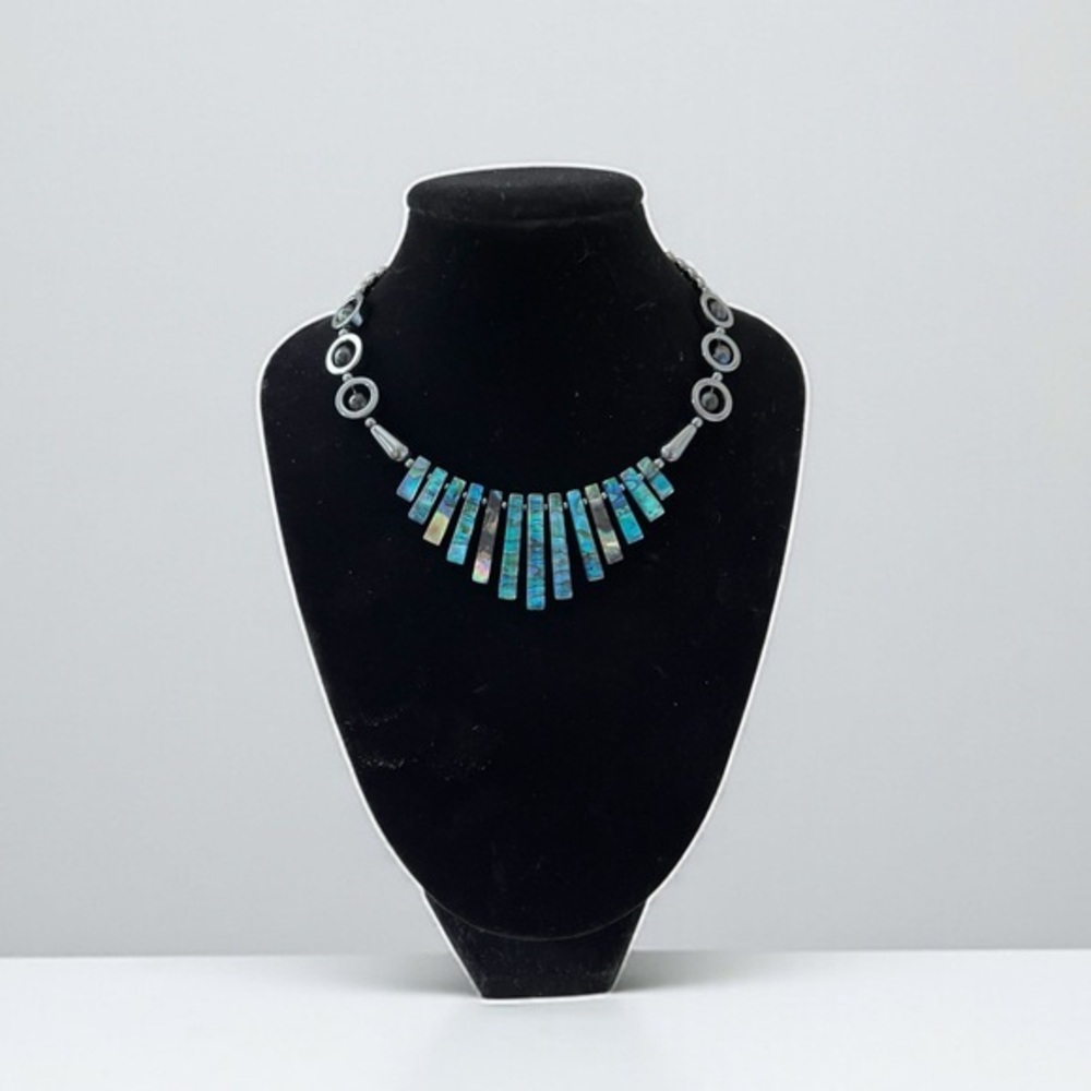 Statement Blue Abalone Inlay Fan Necklace – Modern Boho Artisan Style
